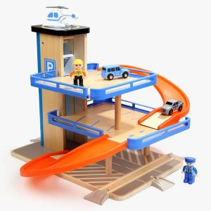 TopBright - Wooden Parking Garage Playset - 3-Level Car Ramp Toy with Cars