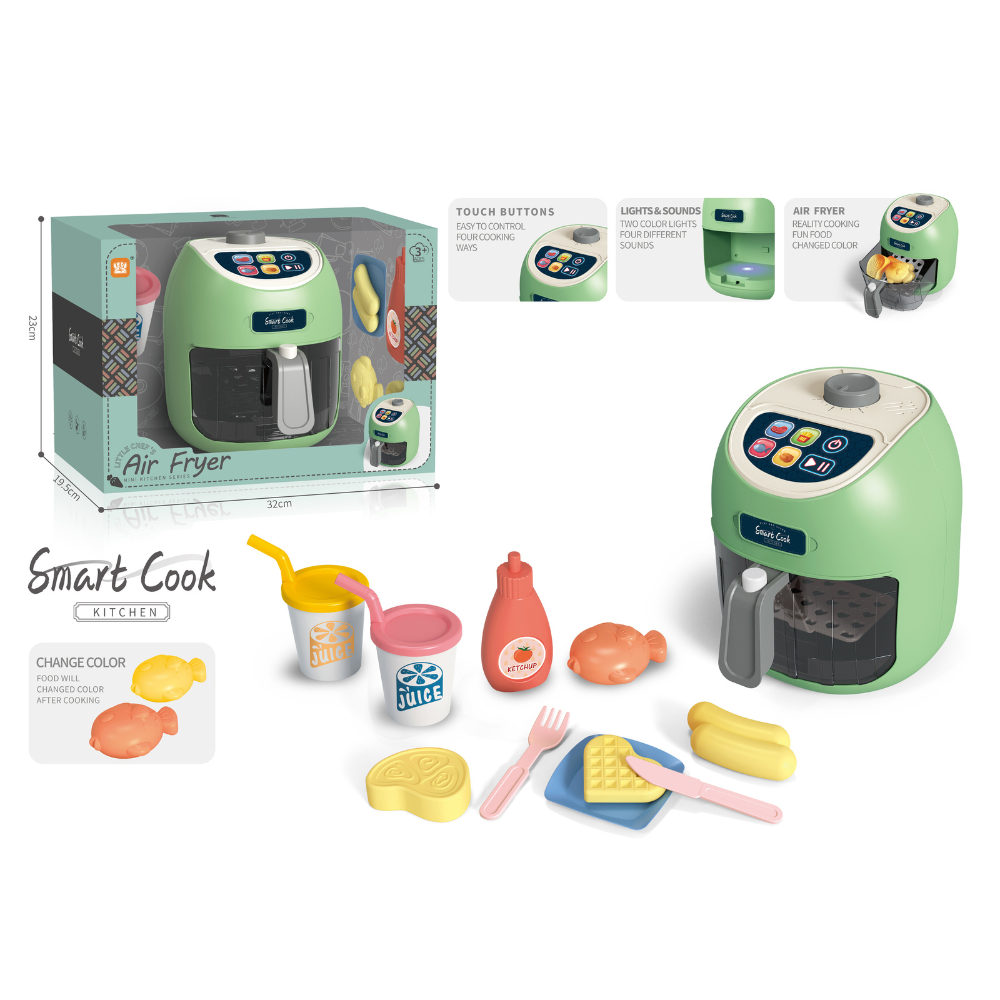 Pretend & Play Air Fryer Set with Lights, Sounds & Colour Changing Food - Green - Image 5