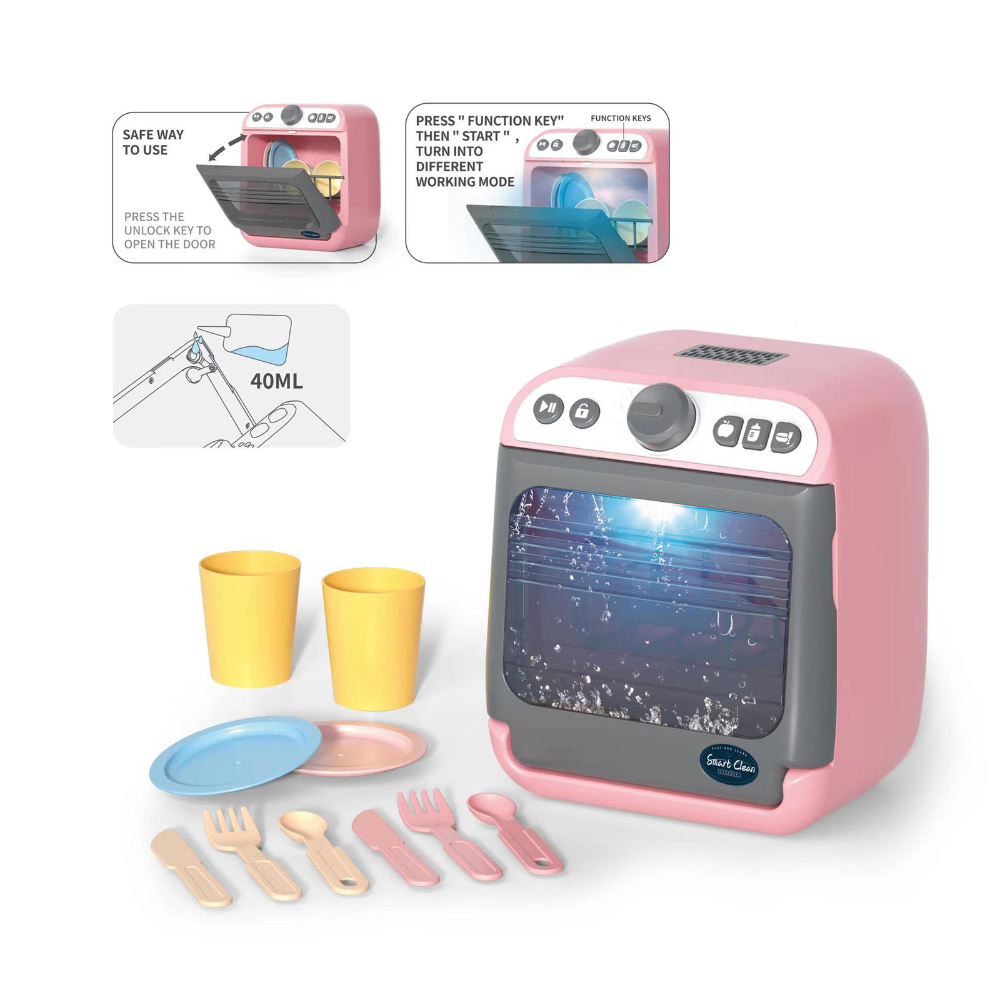 Pretend & Play Dishwasher Set with Sound, Lights & Water Spray Effect - Pink - Image 2