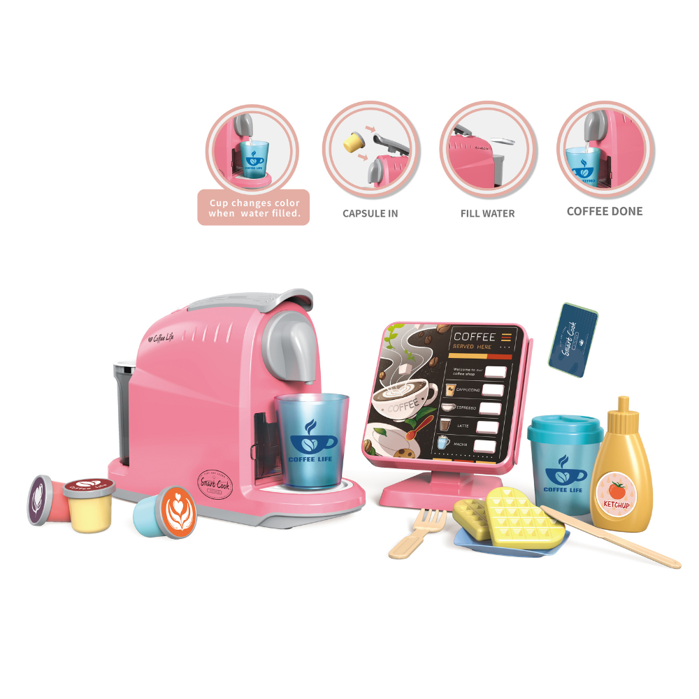 Pretend & Play Coffee Maker & Breakfast Set with Sounds & Colour Changing Cups -Pink - Image 2
