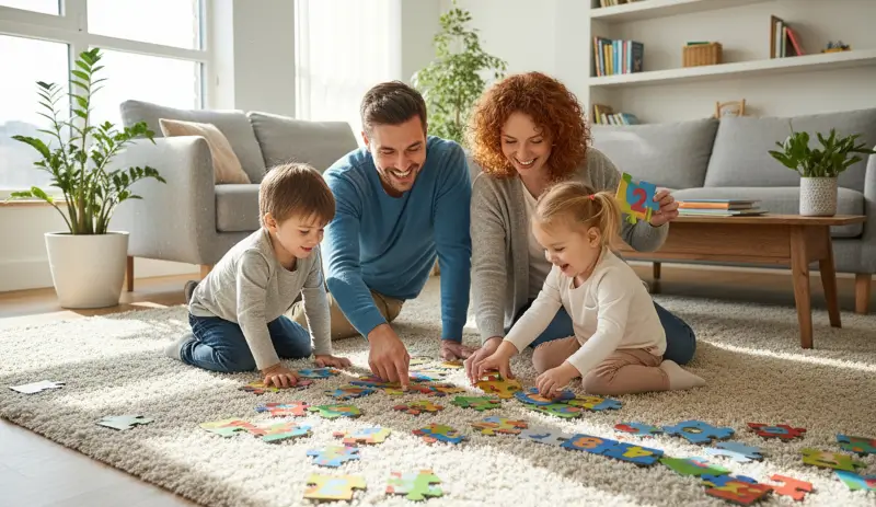 family playing with large floor puzzles for kids on the living room floor