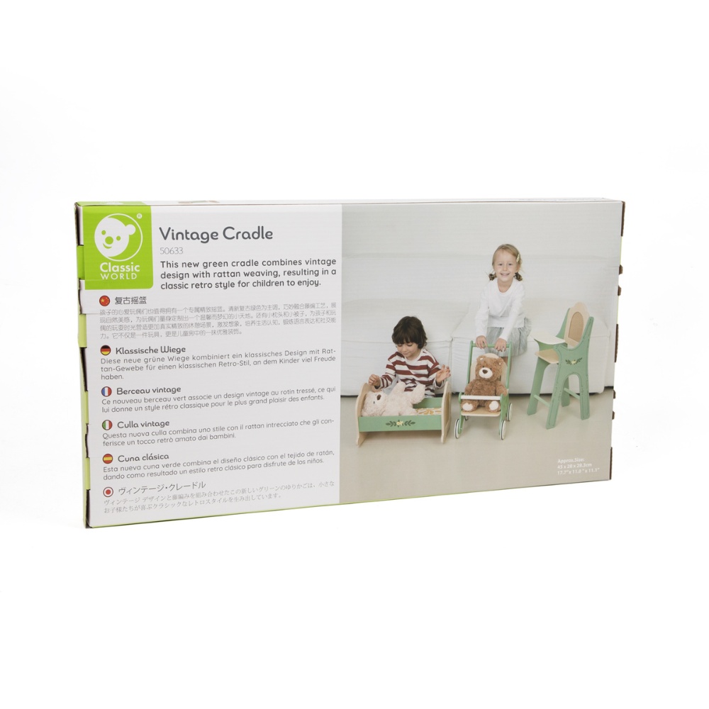Classic World - Pretend & Play - Vintage Wooden Doll Cradle - 3pcs - Image 6