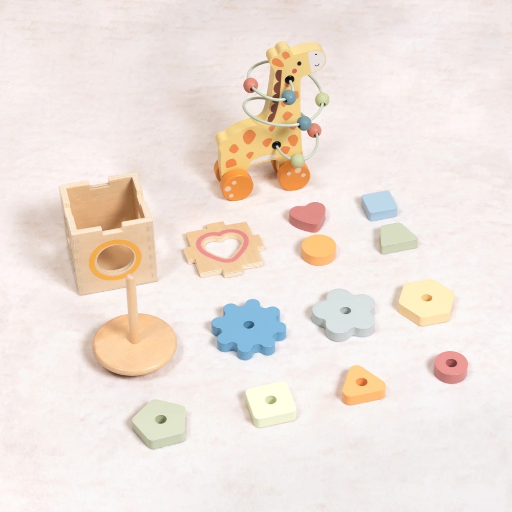 TookyToy - 3-in-1 Wooden Gift Set - Giraffe Pull-Along, Stacking Tower and Shape Sorter - Image 4