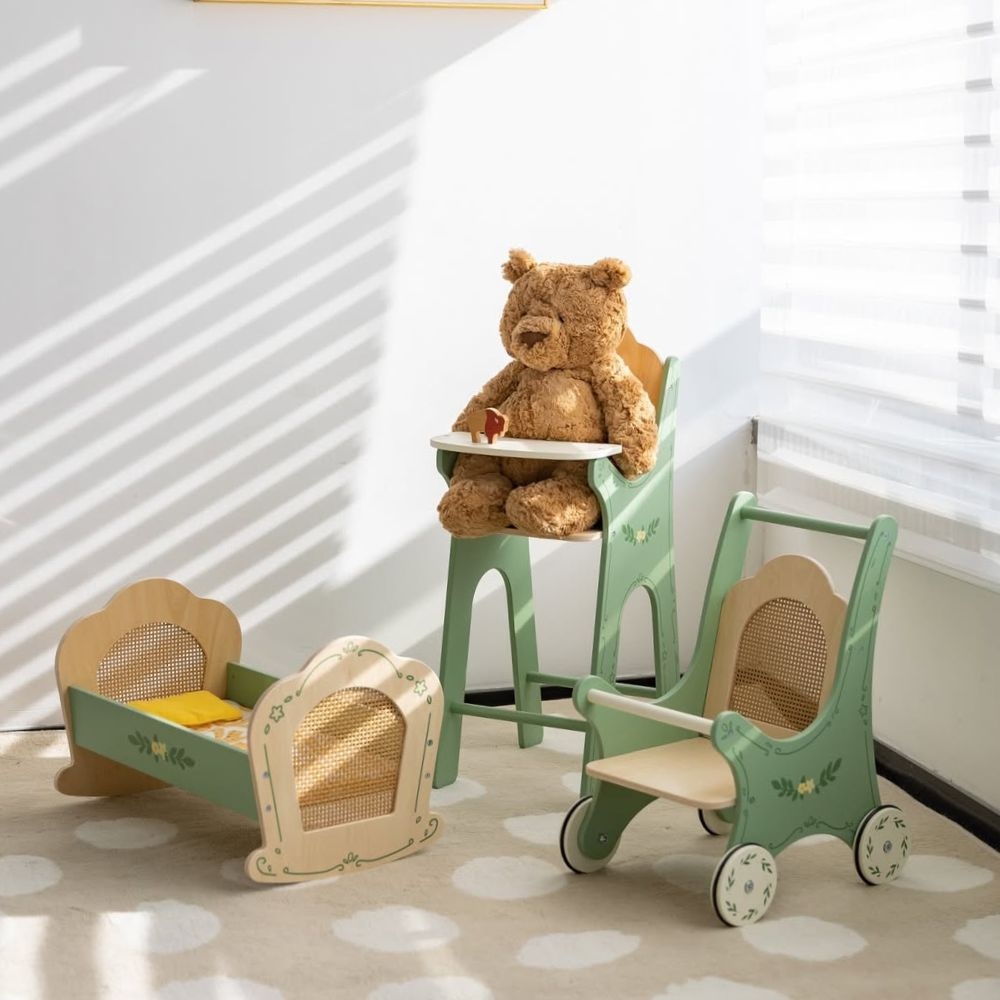 Classic World - Pretend & Play - Vintage Wooden Doll Cradle - 3pcs - Image 3