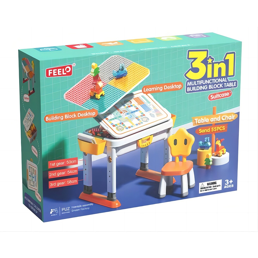 Feelo - 3-in-1 Multi-Functional Building Block Table & Chair (Adjustable) - 55 Pieces-** - Image 5