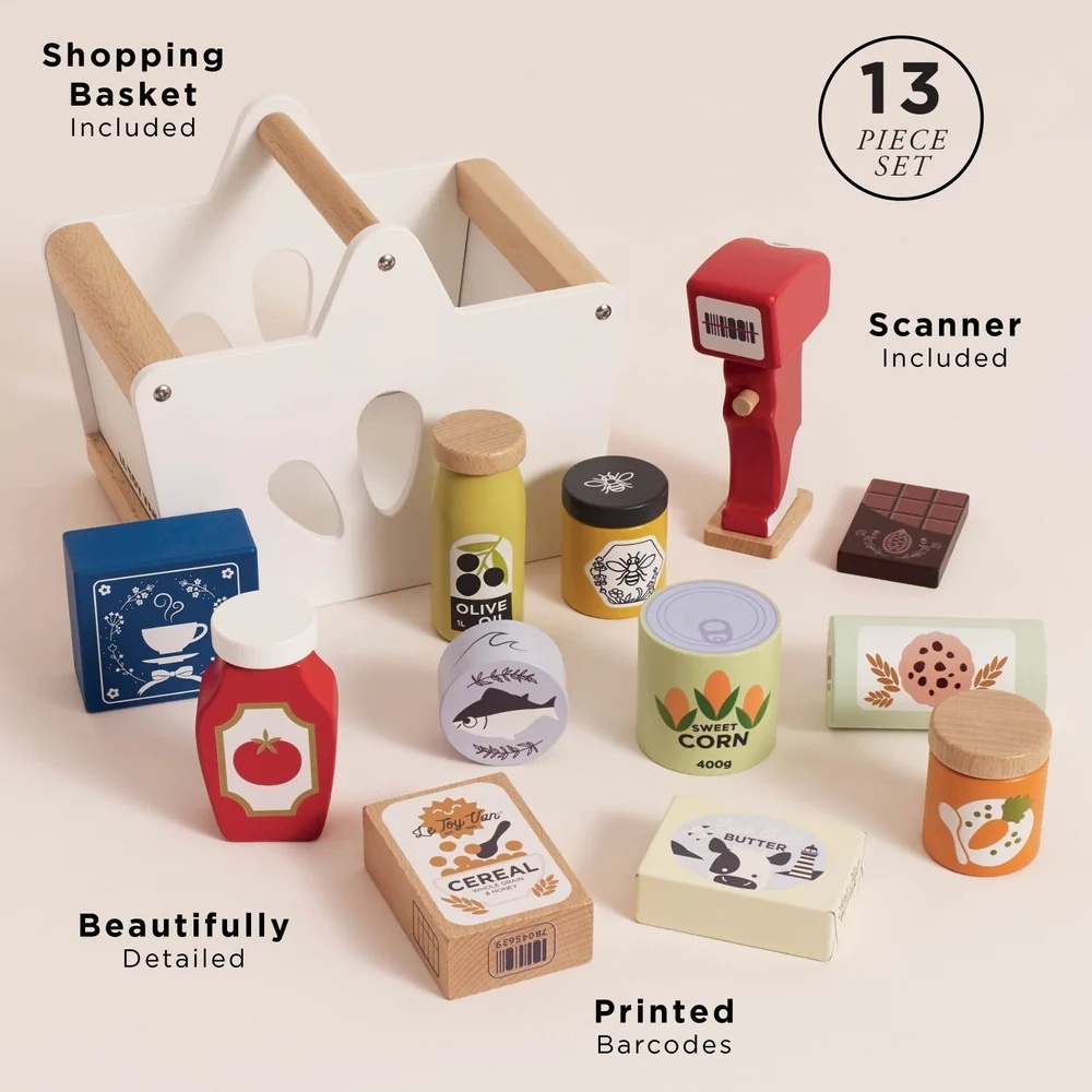 Le Toy Van - Wooden Groceries Set, Shopping Basket and Scanner - 13pcs - Image 2