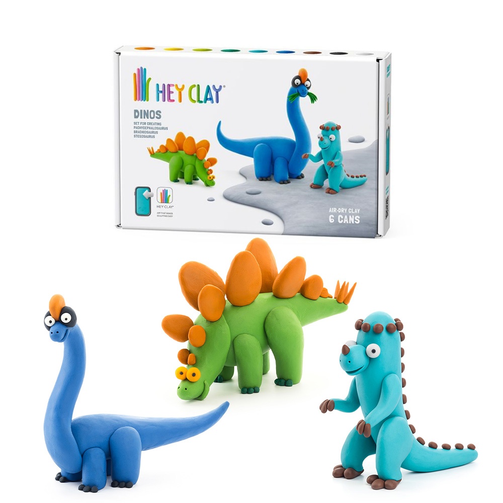 Hey Clay - Modelling Air-Dry Clay with Fun Interactive App - Stegosaurus, Pachycephalosaurus, Brachiosaurus, Series Dinos, 6 cans