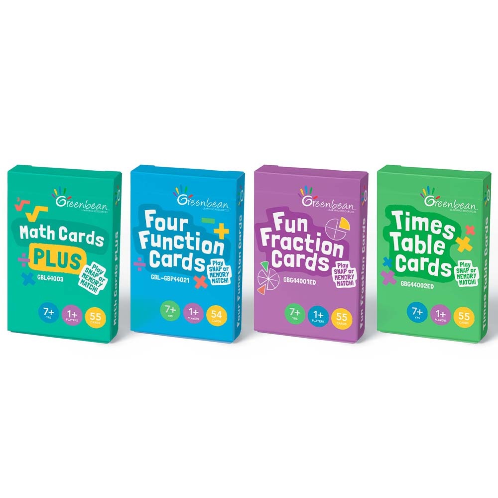 Greenbean - Maths Cards PLUS, Fun Fraction Cards, Times Table Cards & Four Function Cards