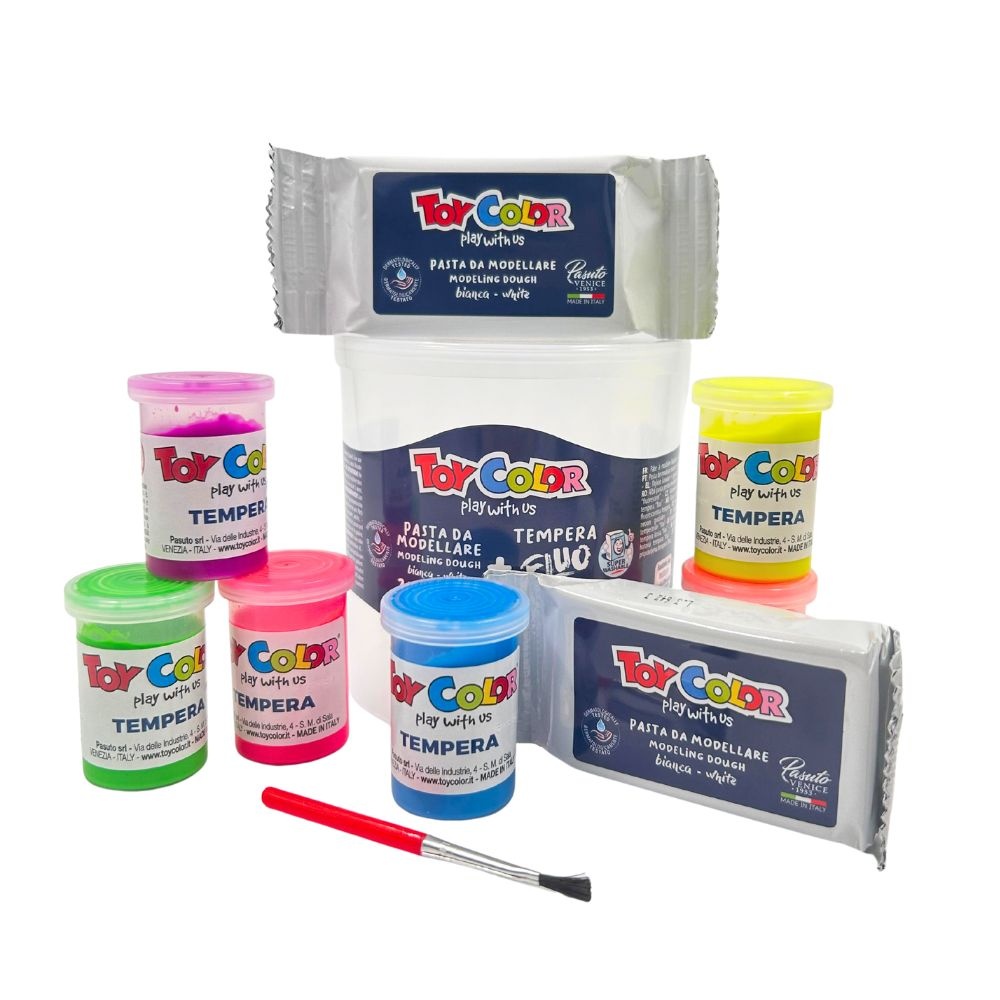 Toy Color - Air Dry Modelling Clay Art Kit - 6 Fluo Paints + 200g Clay