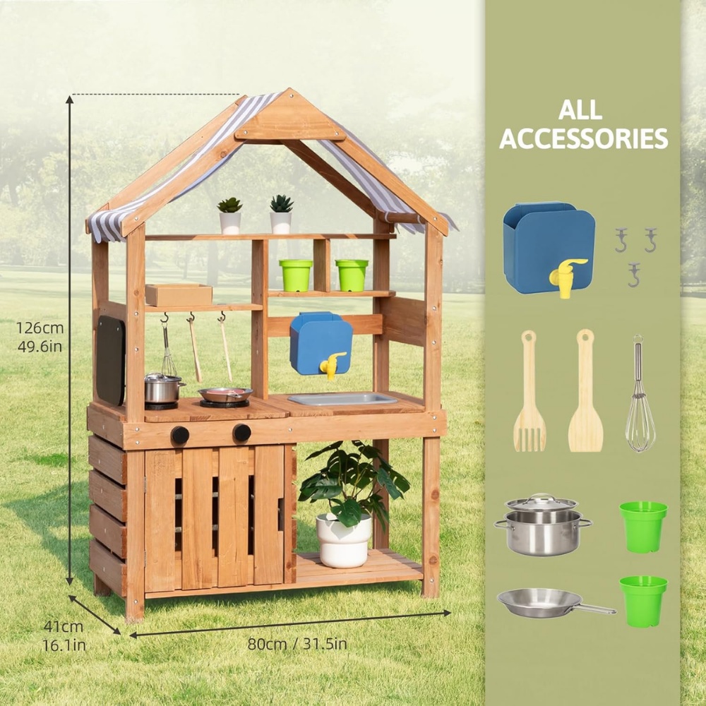 TookyToy - Outdoor Wooden Mud Kitchen with Accessories - 8 Pieces - Image 3