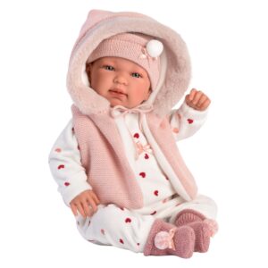Llorens - Newborn Baby Girl Doll with Crying Mechanism, Pink Romper & Accessories: Tina - 44cm