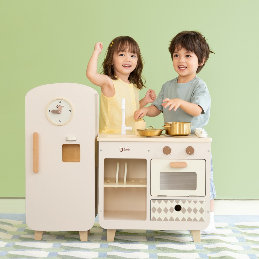 Classic World - Pretend & Play Modern Wooden Play Kitchen with Fridge - Image 2