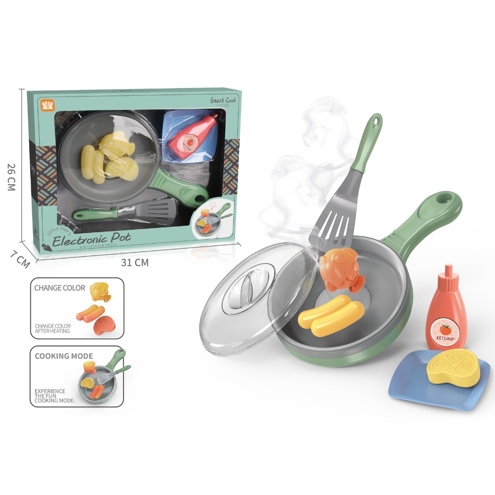 Pretend & Play Frying Pan Set with Lights, Sound & Colour Changing Food - Green - Image 2