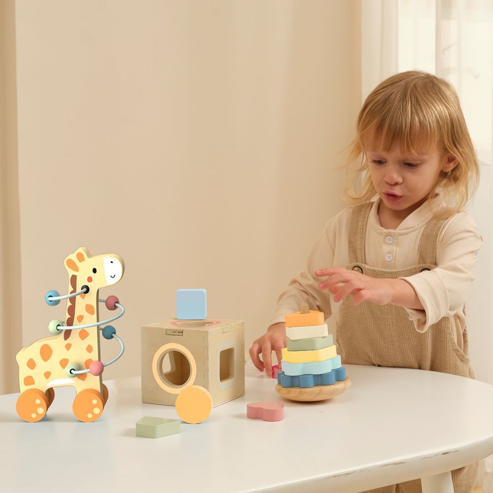 TookyToy - 3-in-1 Wooden Gift Set - Giraffe Pull-Along, Stacking Tower and Shape Sorter - Image 2