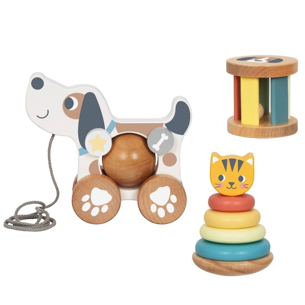 TookyToy - 3-in-1 Wooden Toy Gift Set - Rattle, Stacking Tower and Pull-Along Puppy - Image 3