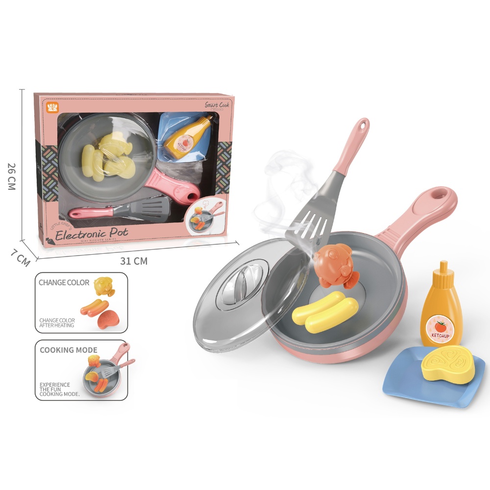 Pretend & Play Frying Pan Set with Lights, Sound & Colour Changing Food - Pink - Image 2