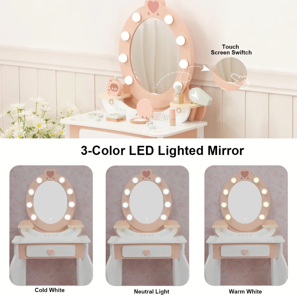 TookyToy - Wooden Vanity Table with Light-Up Mirror & Stool - Image 9