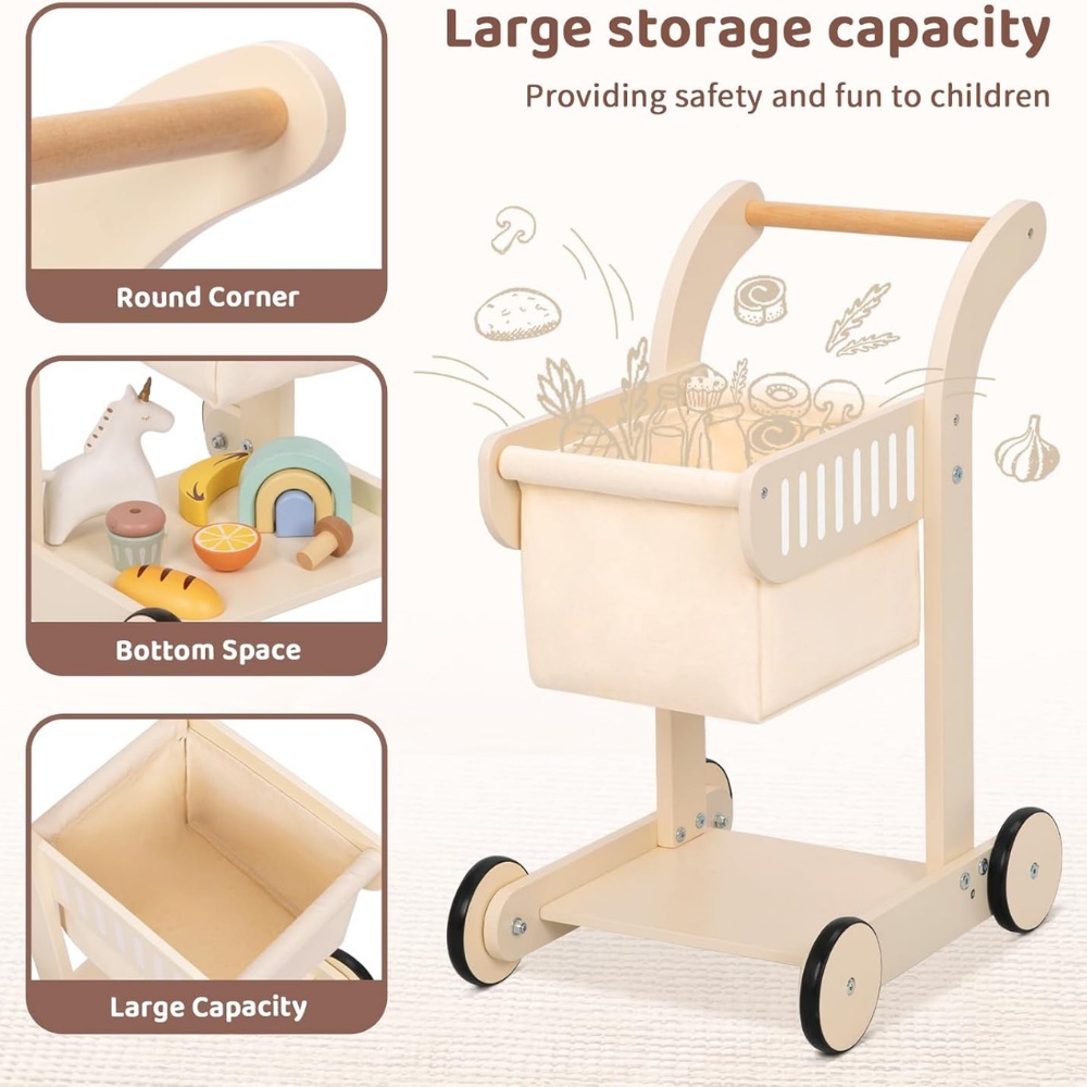 TookyToy - Pretend Play Wooden Baby Walker & Shopping Cart Toy Set - Image 5