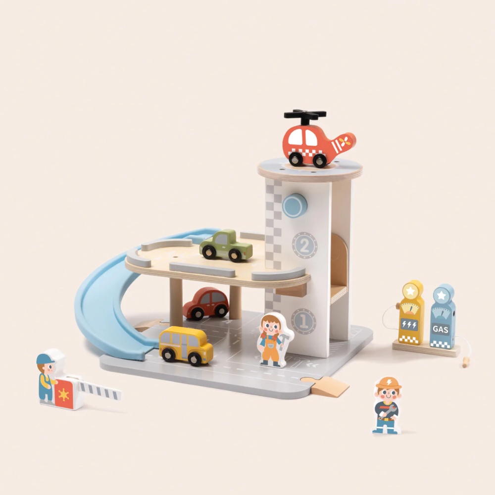 TookyToy - Parking Garage: Wooden Car Ramp Playset - 13pcs