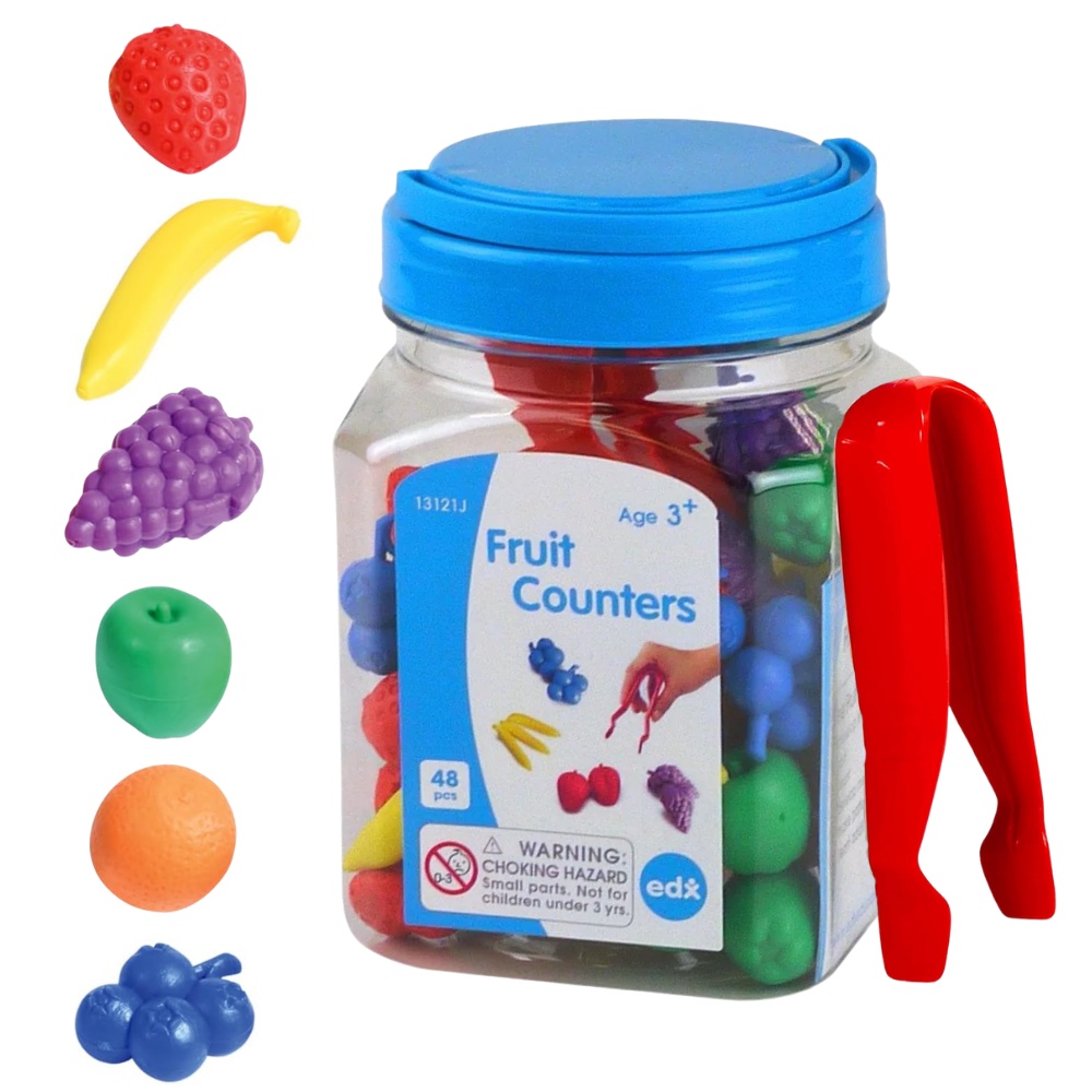 EDX Education - Fruit Counters & Tweezer in Jar - 48pc Math Manipulative