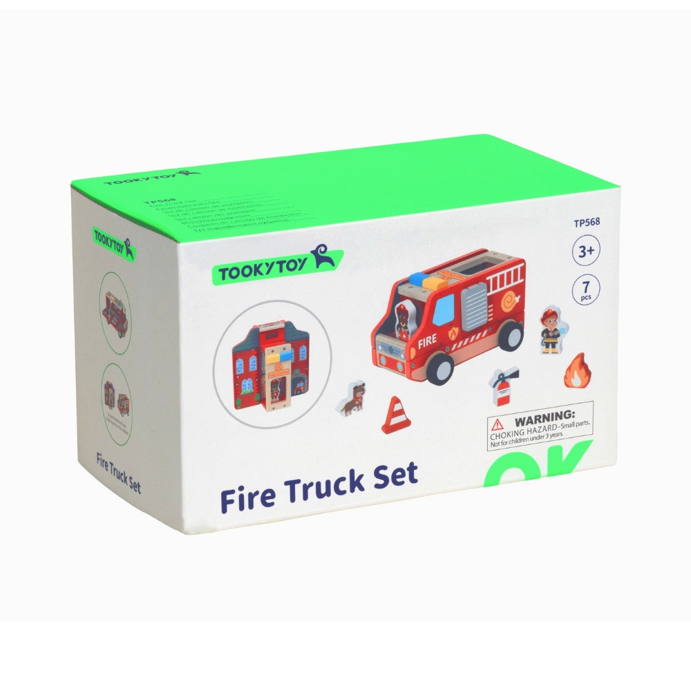 TookyToy - Pretend Play Wooden Fire Truck Toy Set - 7 Pieces - Image 6