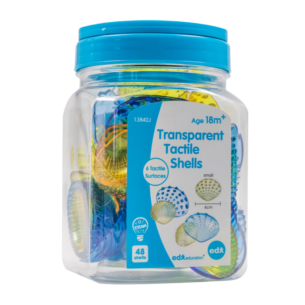 EDX Education - Tactile Shells - Transparent - 6 Tactile Surfaces & 2 Colours - Large & Small - Activity Guide - 48pcs Jar - Image 3