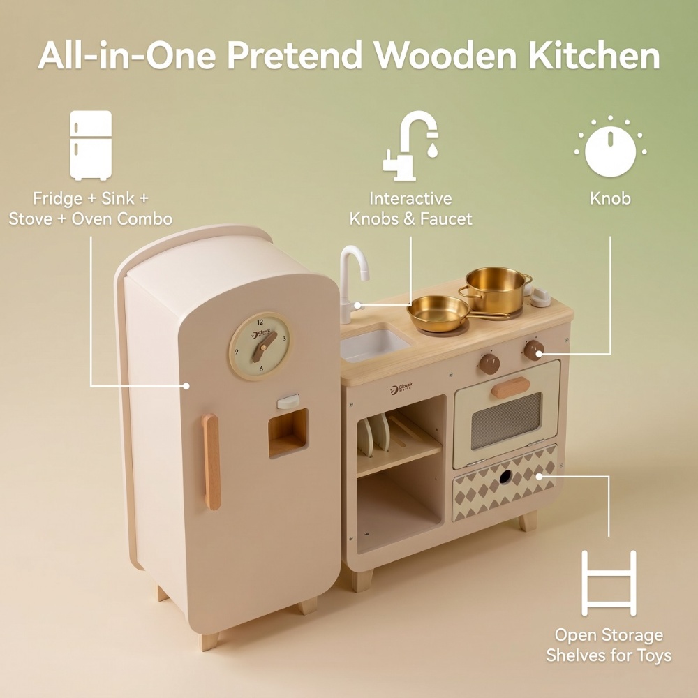 Classic World - Pretend & Play Modern Wooden Play Kitchen with Fridge - Image 3