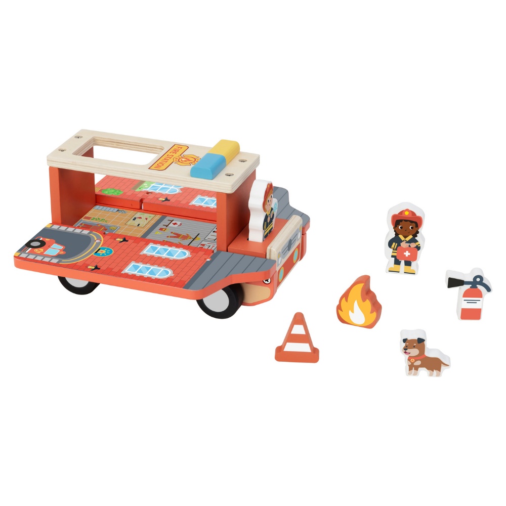 TookyToy - Pretend Play Wooden Fire Truck Toy Set - 7 Pieces - Image 2