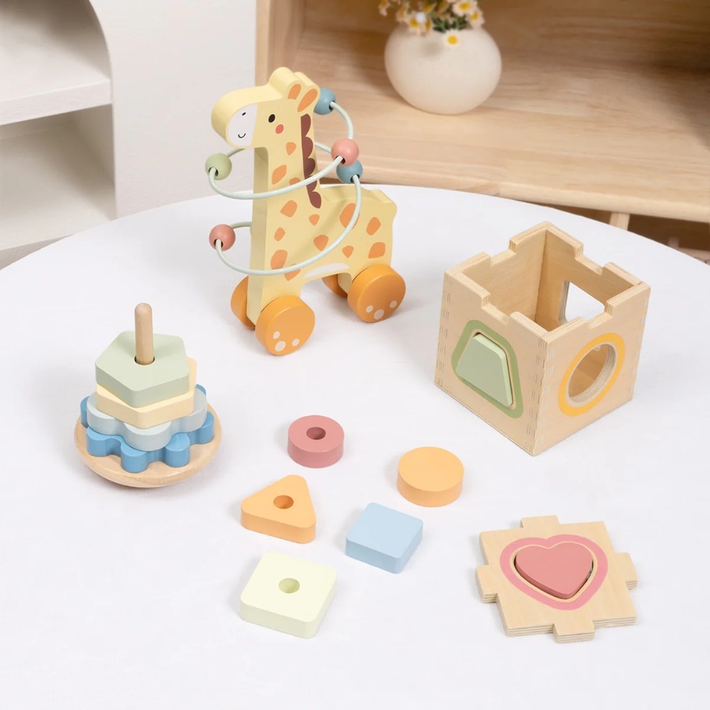 TookyToy - 3-in-1 Wooden Gift Set - Giraffe Pull-Along, Stacking Tower and Shape Sorter - Image 3