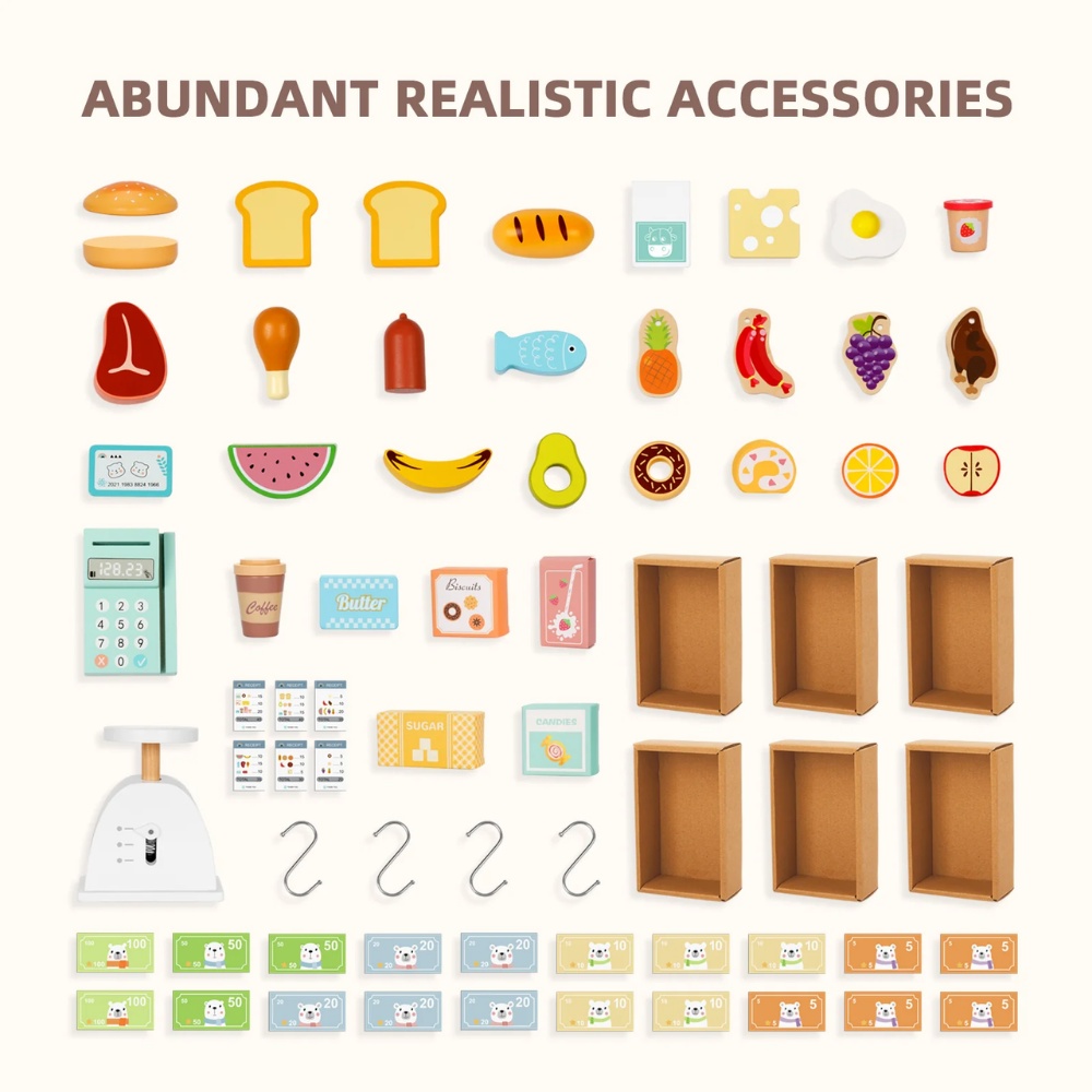 TookyToy - Pretend Play Wooden Grocery Store Playset with Accessories - Image 9