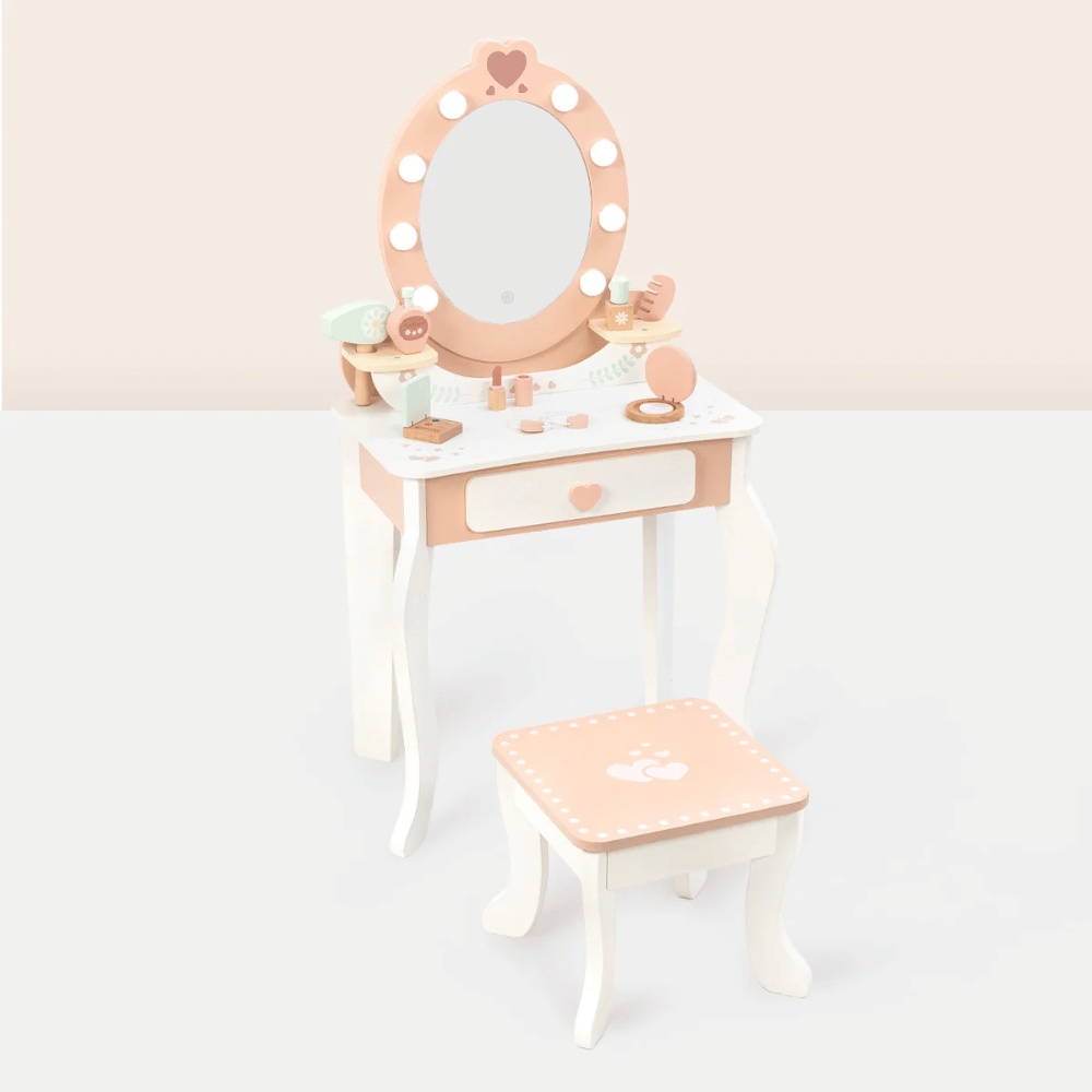 TookyToy - Wooden Vanity Table with Light-Up Mirror & Stool