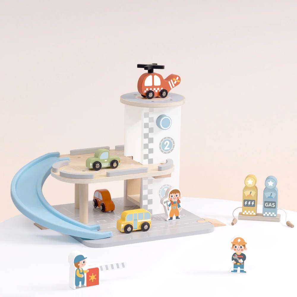 TookyToy - Parking Garage: Wooden Car Ramp Playset - 13pcs - Image 3