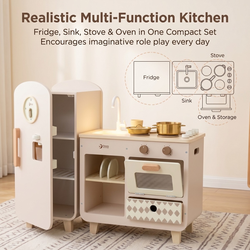 Classic World - Pretend & Play Modern Wooden Play Kitchen with Fridge - Image 4