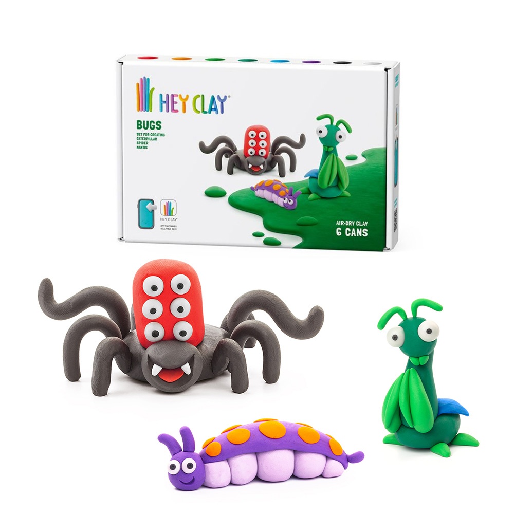 Hey Clay - Modelling Air-Dry Clay with Fun Interactive App - Spider, Mantis, Caterpillar, Series Bugs, 6 cans