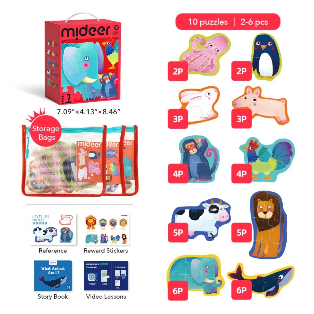 Mideer - Level Up Jigsaw Puzzle for Kids - 10-in-1 - Level 1 Simple Animals - Image 2