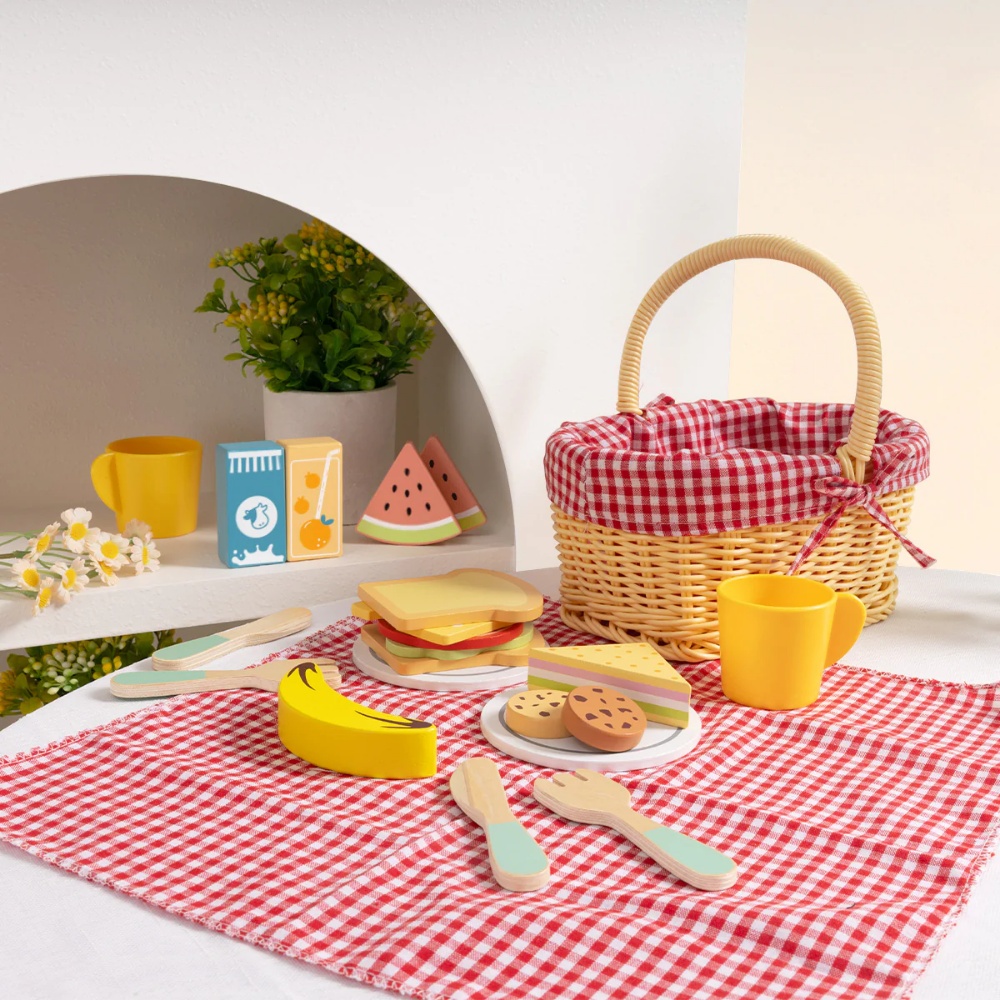 TookyToy - Pretend Play Wooden Picnic Basket Toy Set - Image 4
