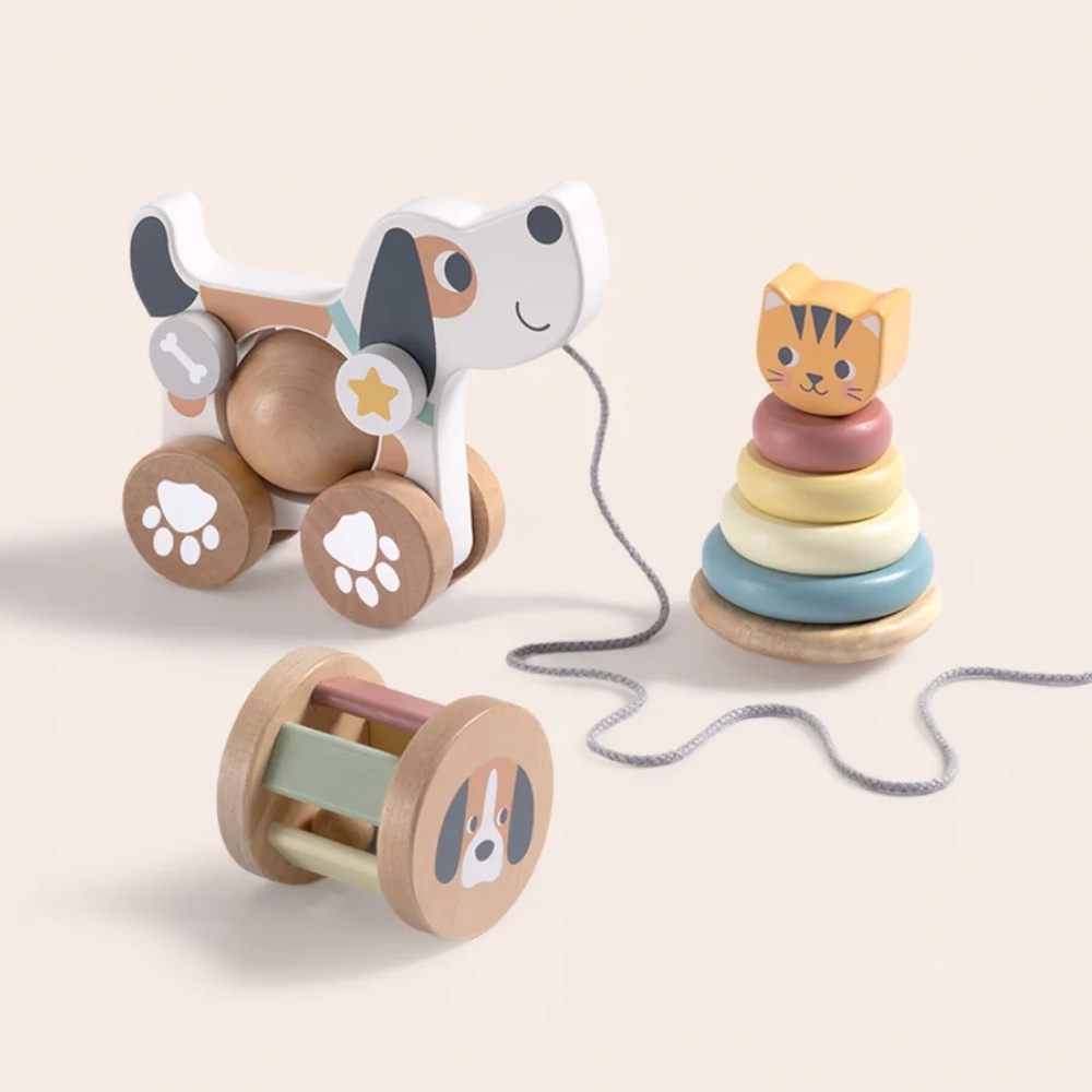 TookyToy - 3-in-1 Wooden Toy Gift Set - Rattle, Stacking Tower and Pull-Along Puppy