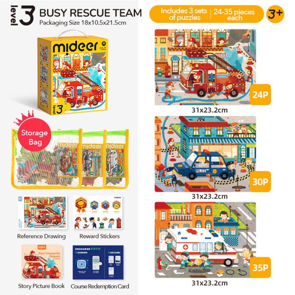 Mideer - Level Up Jigsaw Puzzle for Kids - 3-in-1 - Level 3 Busy Rescue Team - Image 2