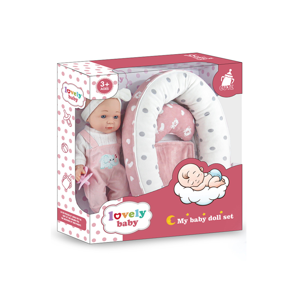 Baby Doll w Soft Body, Sleeping Nest, Pink Elephant Dungaree Outfit - 30cm - Image 3