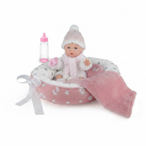 Baby Doll with Soft Body, Sleeping Nest, White Fluffy Knit Outfit - 30cm