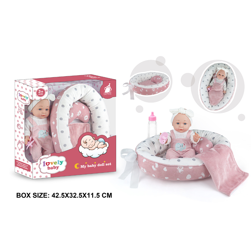 Baby Doll w Soft Body, Sleeping Nest, Pink Elephant Dungaree Outfit - 30cm - Image 2