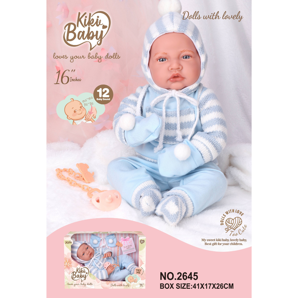 Baby Doll with Soft Body, 12 Sounds, Blue Stripe Knit Snowsuit - 40cm - Image 2