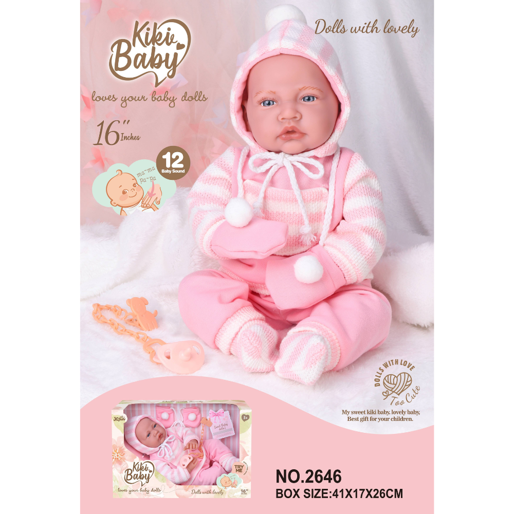 Baby Doll with Soft Body, 12 Sounds, Pink Stripe Knit Snowsuit - 40cm - Image 2